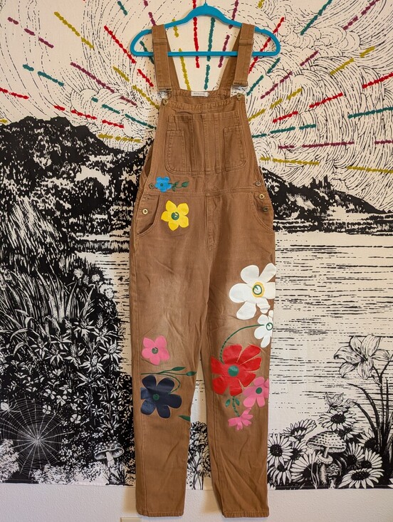 MISSLOOK Pants - Tan Floral Retro Hippie Artsy Overalls